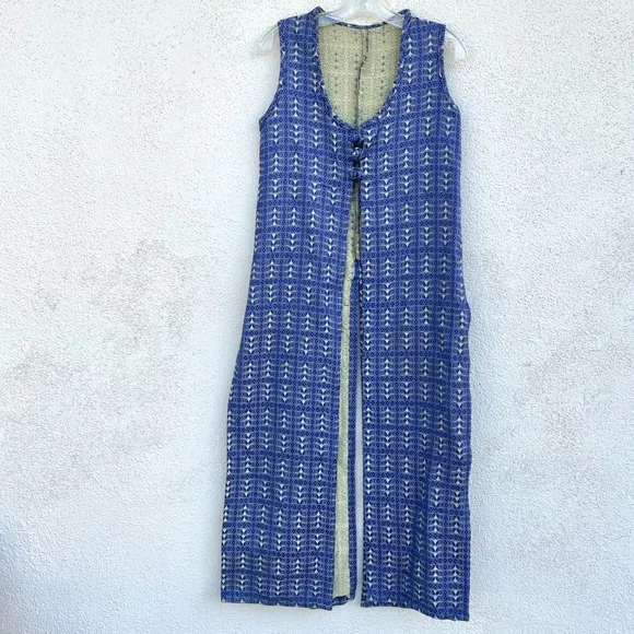 Vintage long vest Indian ethnic duster jacket sleeveless dress metallic maxi S