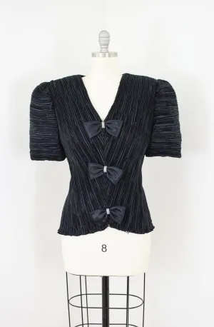 Vintage Micro Pleated Black Satin Blouse | M-L