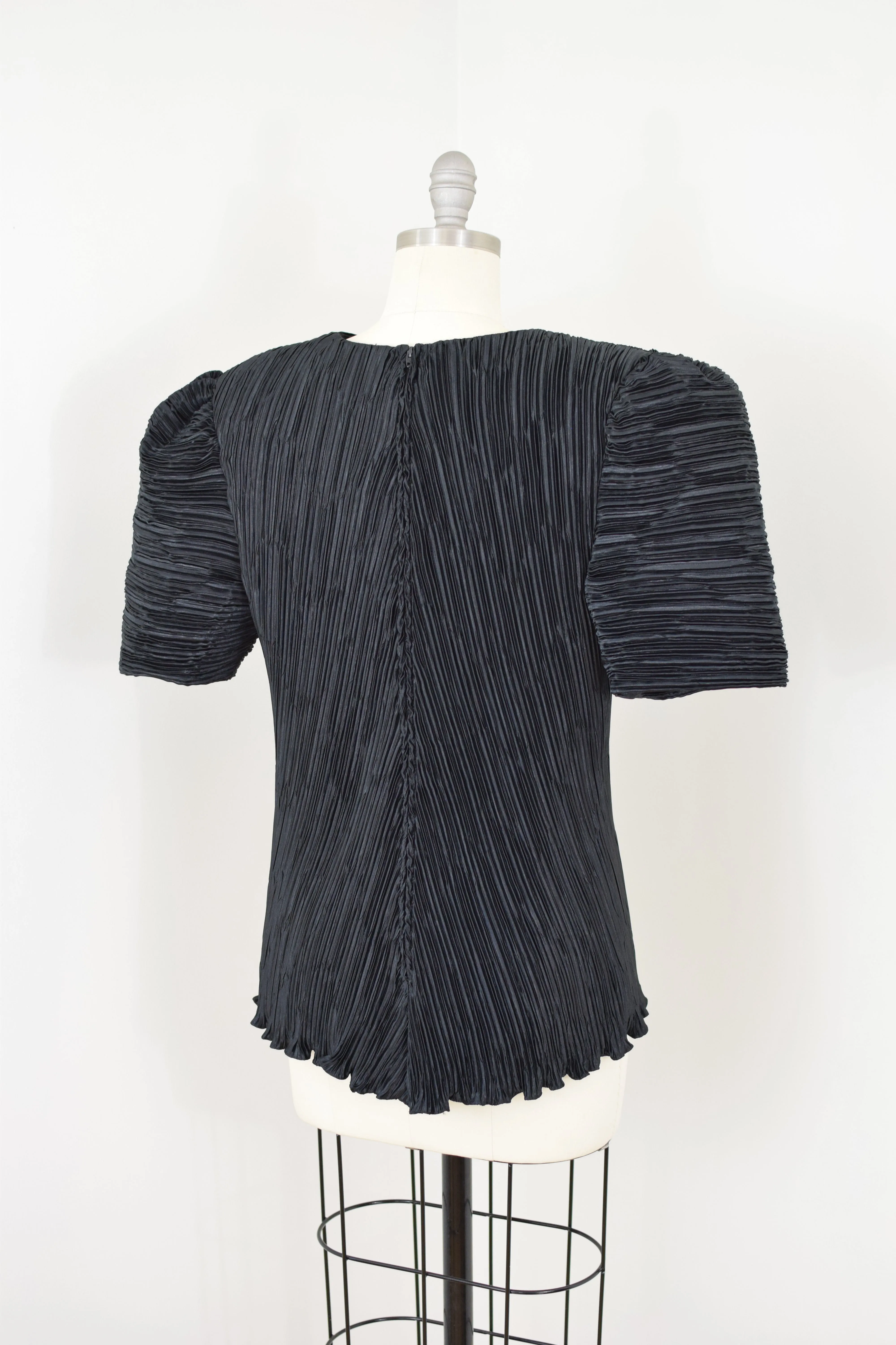 Vintage Micro Pleated Black Satin Blouse | M-L