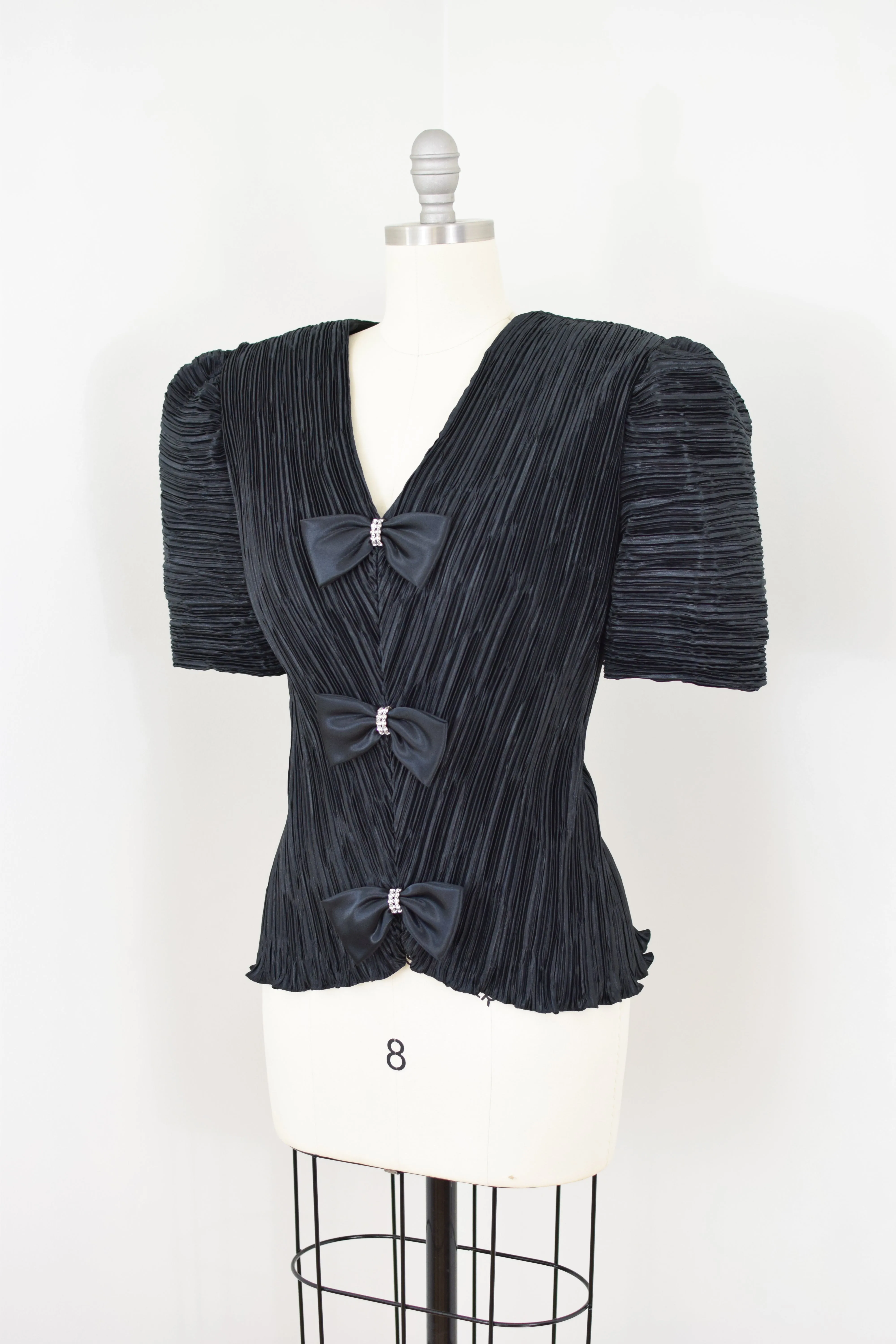 Vintage Micro Pleated Black Satin Blouse | M-L