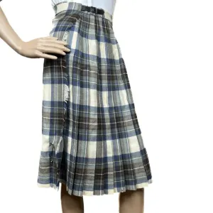 Vintage Plaid 100% Wool Pleated Plaid Midi Skirt Blue Burgundy Cream Size UK 10