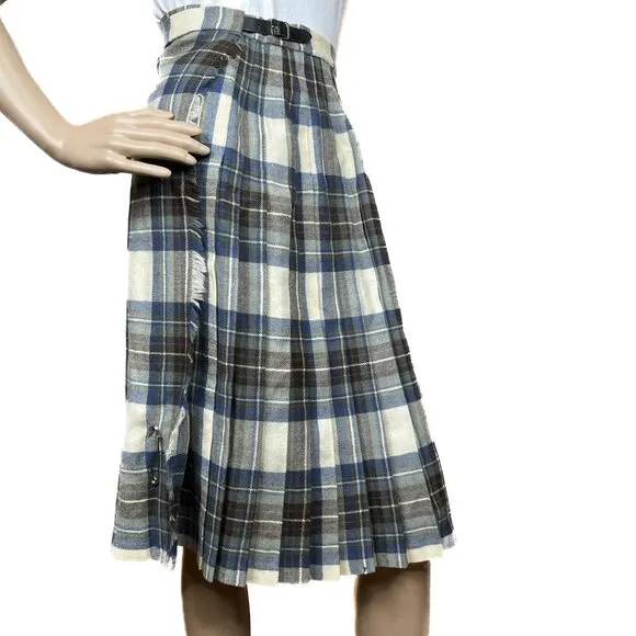 Vintage Plaid 100% Wool Pleated Plaid Midi Skirt Blue Burgundy Cream Size UK 10