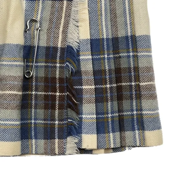 Vintage Plaid 100% Wool Pleated Plaid Midi Skirt Blue Burgundy Cream Size UK 10