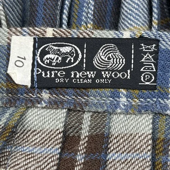Vintage Plaid 100% Wool Pleated Plaid Midi Skirt Blue Burgundy Cream Size UK 10