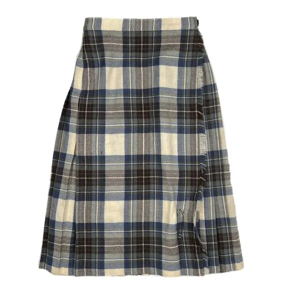 Vintage Plaid 100% Wool Pleated Plaid Midi Skirt Blue Burgundy Cream Size UK 10