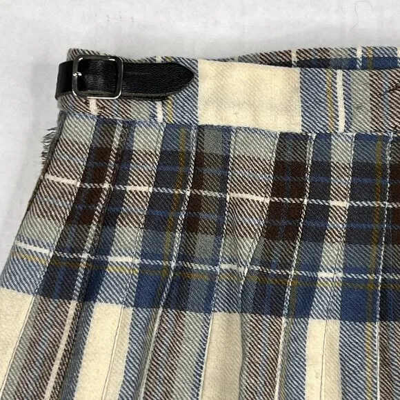 Vintage Plaid 100% Wool Pleated Plaid Midi Skirt Blue Burgundy Cream Size UK 10