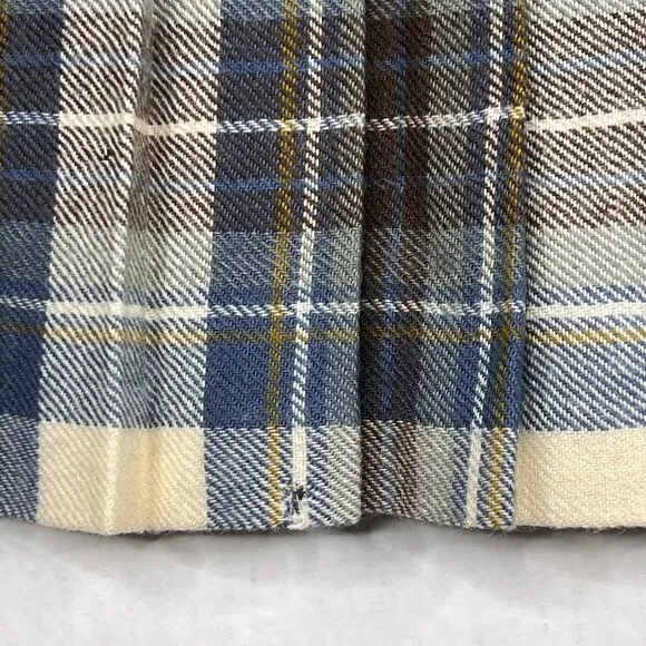 Vintage Plaid 100% Wool Pleated Plaid Midi Skirt Blue Burgundy Cream Size UK 10