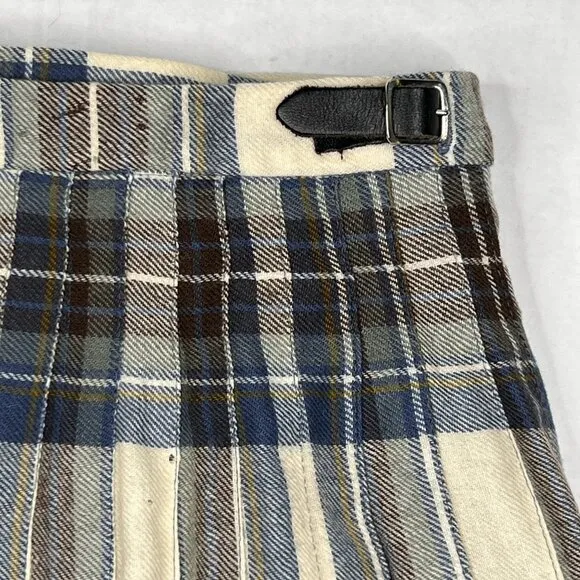 Vintage Plaid 100% Wool Pleated Plaid Midi Skirt Blue Burgundy Cream Size UK 10