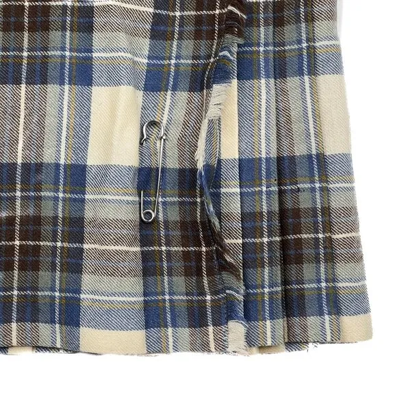 Vintage Plaid 100% Wool Pleated Plaid Midi Skirt Blue Burgundy Cream Size UK 10