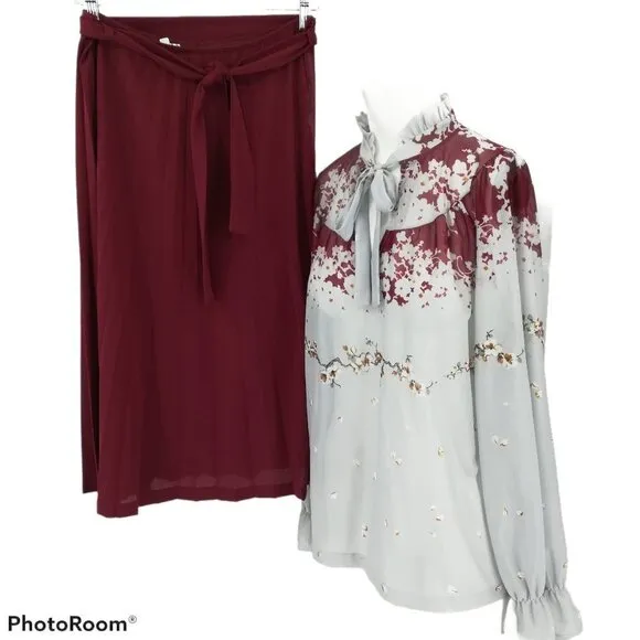 Vintage Plaza Square Sheer Floral Blouse Skirt Set