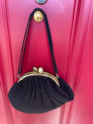 Vintage Pleated Clam Shell Evening Bag Purse in Black