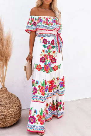 Vintage Print Patchwork Off the Shoulder A Line Dresses