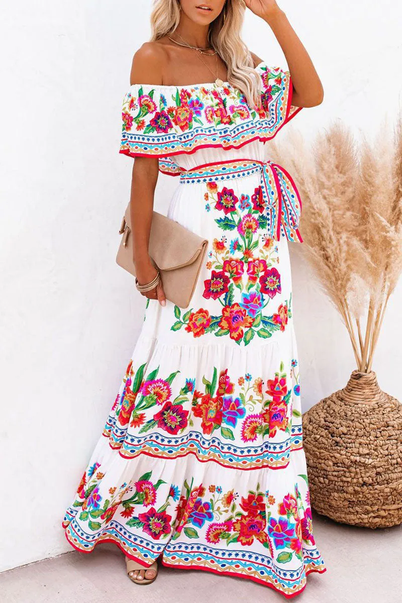 Vintage Print Patchwork Off the Shoulder A Line Dresses