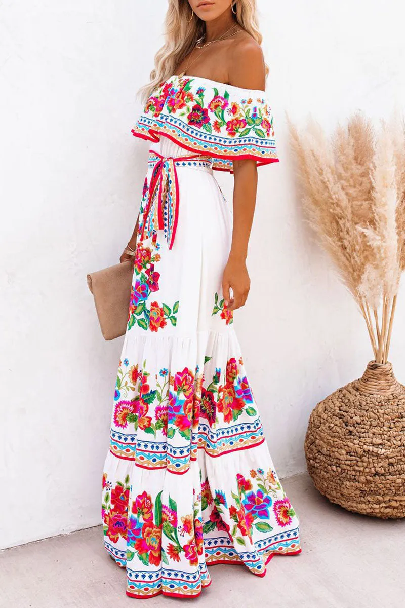 Vintage Print Patchwork Off the Shoulder A Line Dresses