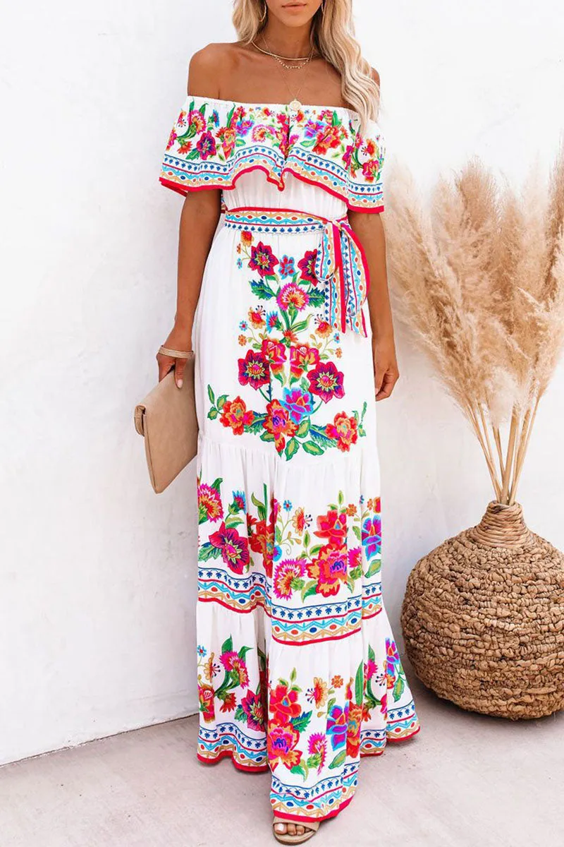 Vintage Print Patchwork Off the Shoulder A Line Dresses