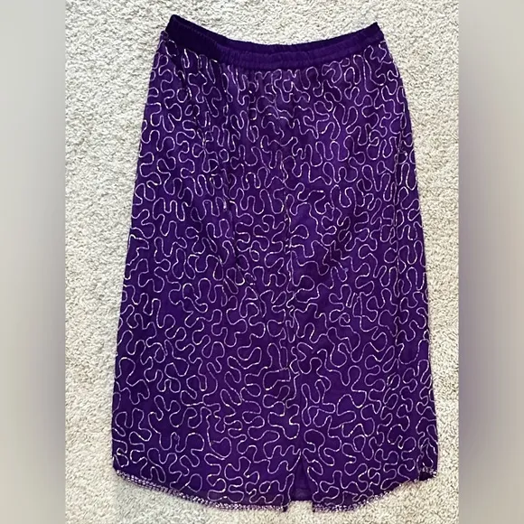 Vintage Purple Sequin &amp; Silk Midi Skirt By Erica Louis Size 14