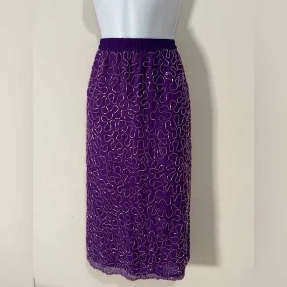 Vintage Purple Sequin &amp; Silk Midi Skirt By Erica Louis Size 14