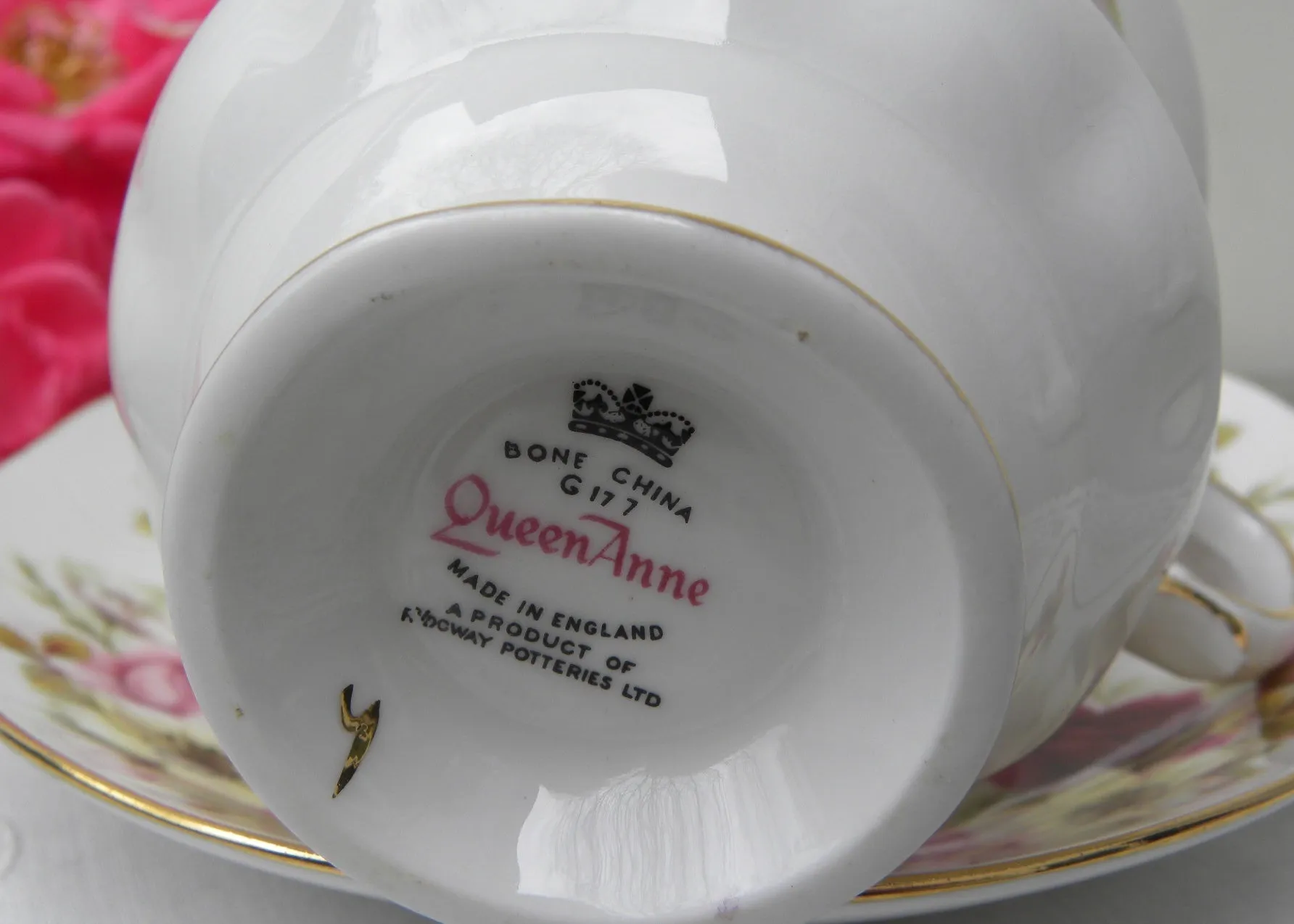 Vintage Queen Anne Pink Roses and White Wild Roses Teacup and Saucer