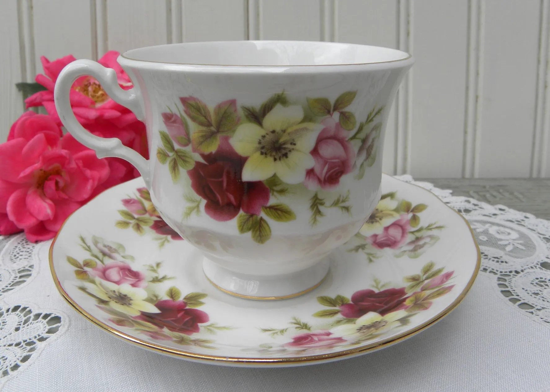 Vintage Queen Anne Pink Roses and White Wild Roses Teacup and Saucer