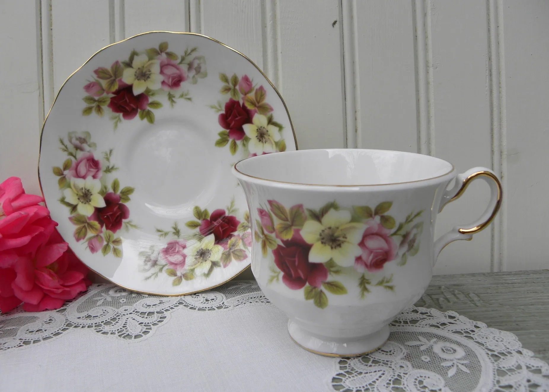 Vintage Queen Anne Pink Roses and White Wild Roses Teacup and Saucer
