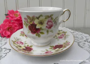 Vintage Queen Anne Pink Roses and White Wild Roses Teacup and Saucer