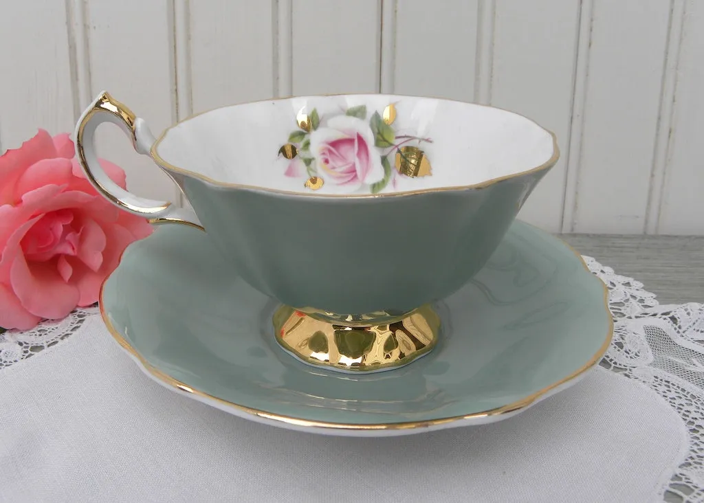 Vintage Queen Anne Sage Green and Pink Rose Gilt Teacup and Saucer