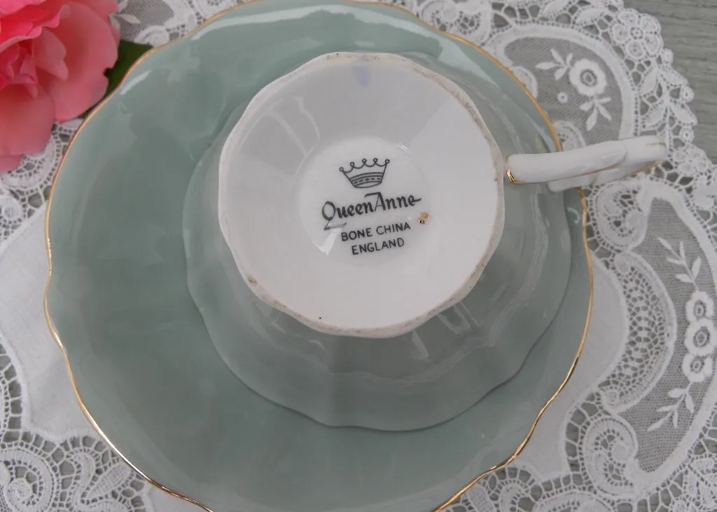 Vintage Queen Anne Sage Green and Pink Rose Gilt Teacup and Saucer