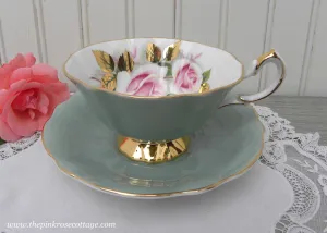 Vintage Queen Anne Sage Green and Pink Rose Gilt Teacup and Saucer