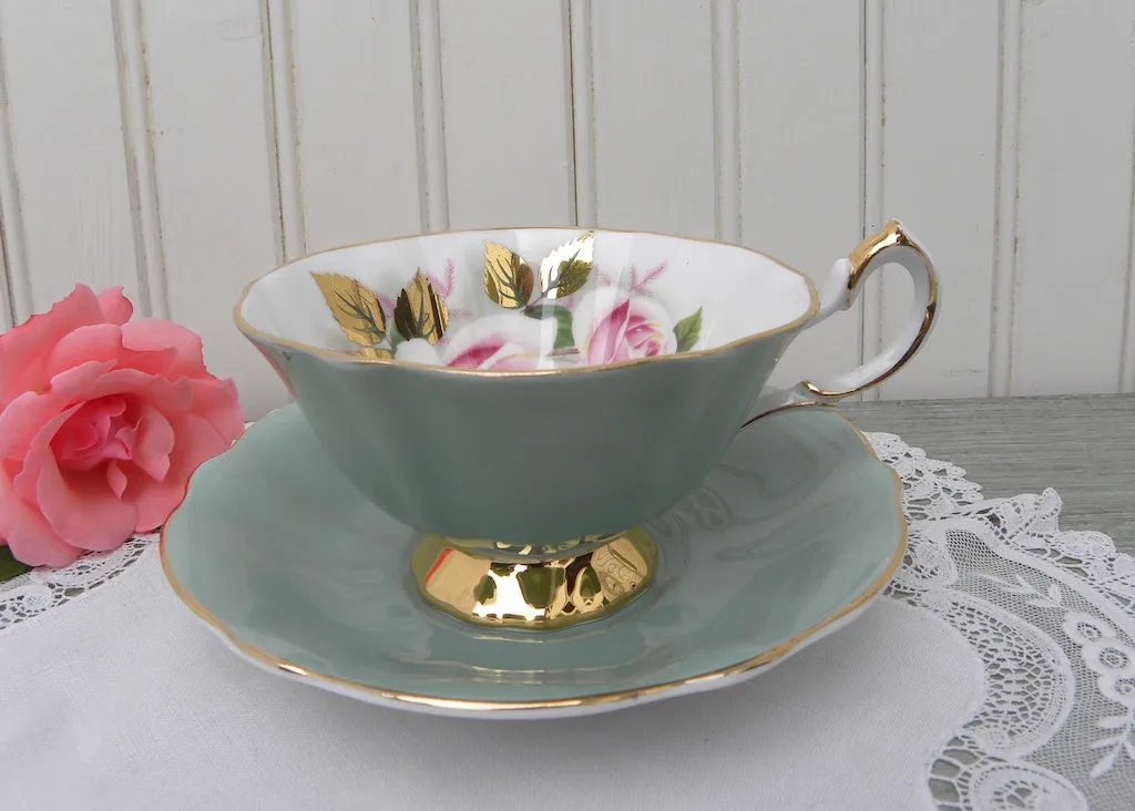 Vintage Queen Anne Sage Green and Pink Rose Gilt Teacup and Saucer