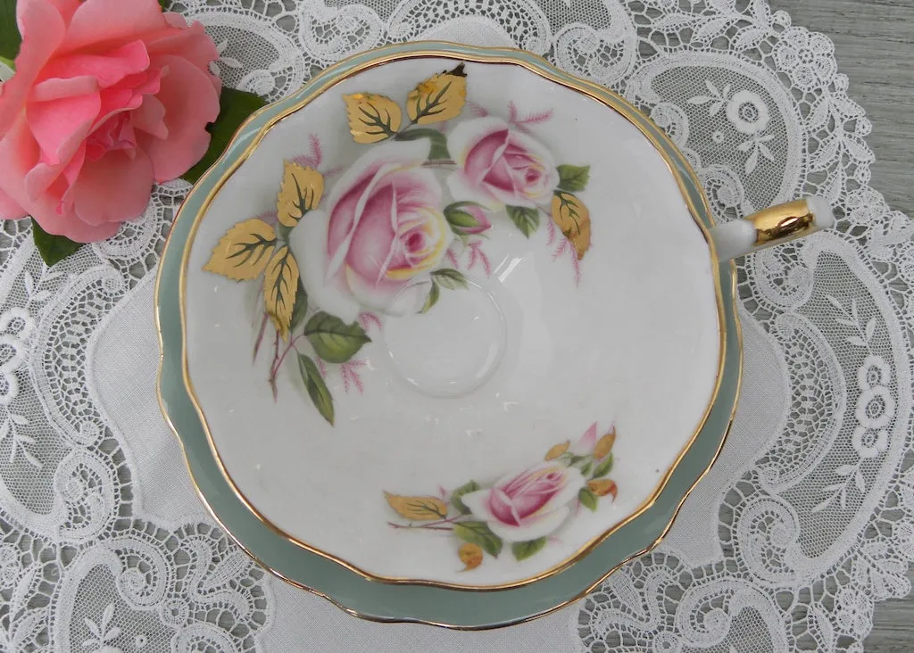 Vintage Queen Anne Sage Green and Pink Rose Gilt Teacup and Saucer