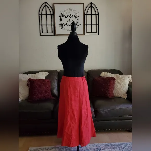 Vintage Red Midi Skirt 100% Linen With Slits On Bottom Hem Classic *No Size