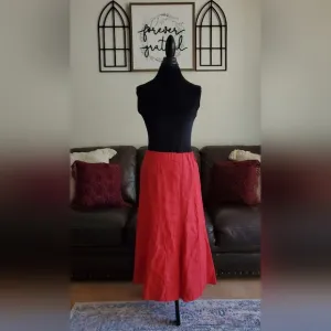 Vintage Red Midi Skirt 100% Linen With Slits On Bottom Hem Classic *No Size