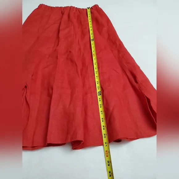 Vintage Red Midi Skirt 100% Linen With Slits On Bottom Hem Classic *No Size