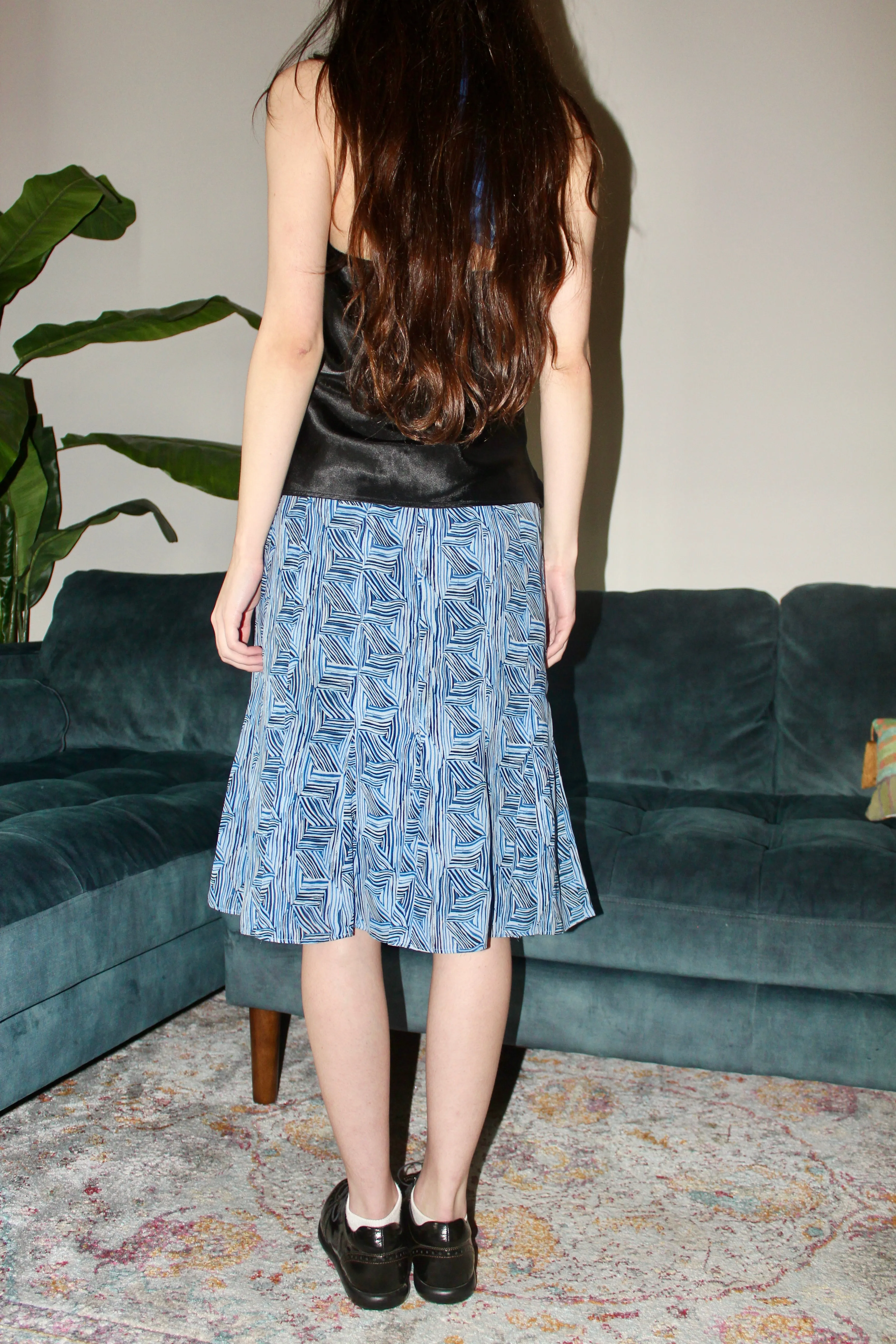 Vintage Retro Patterned Pleated Midi Skirt (S-M)