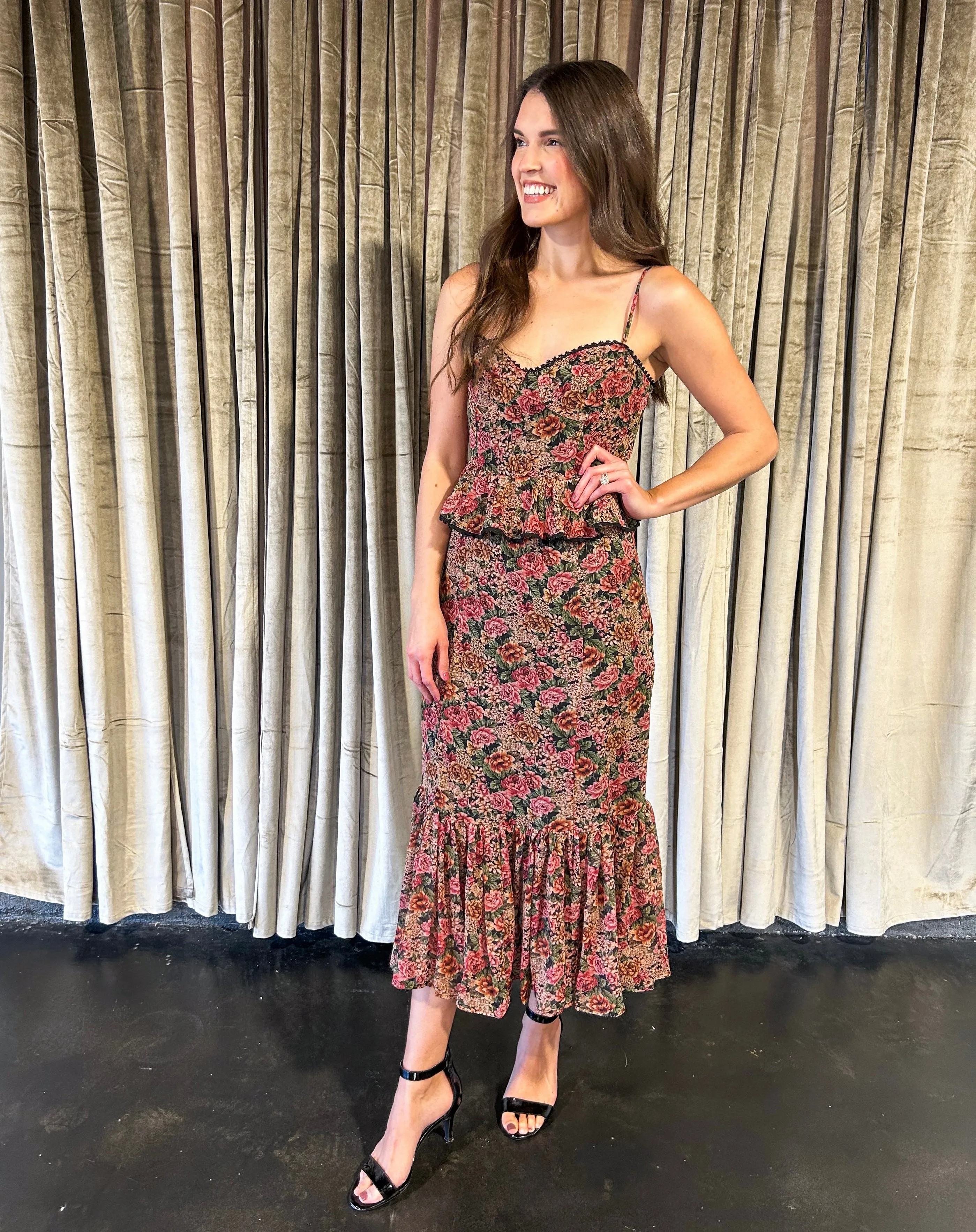 Vintage Rose Lurex Ruffled Floral Dress