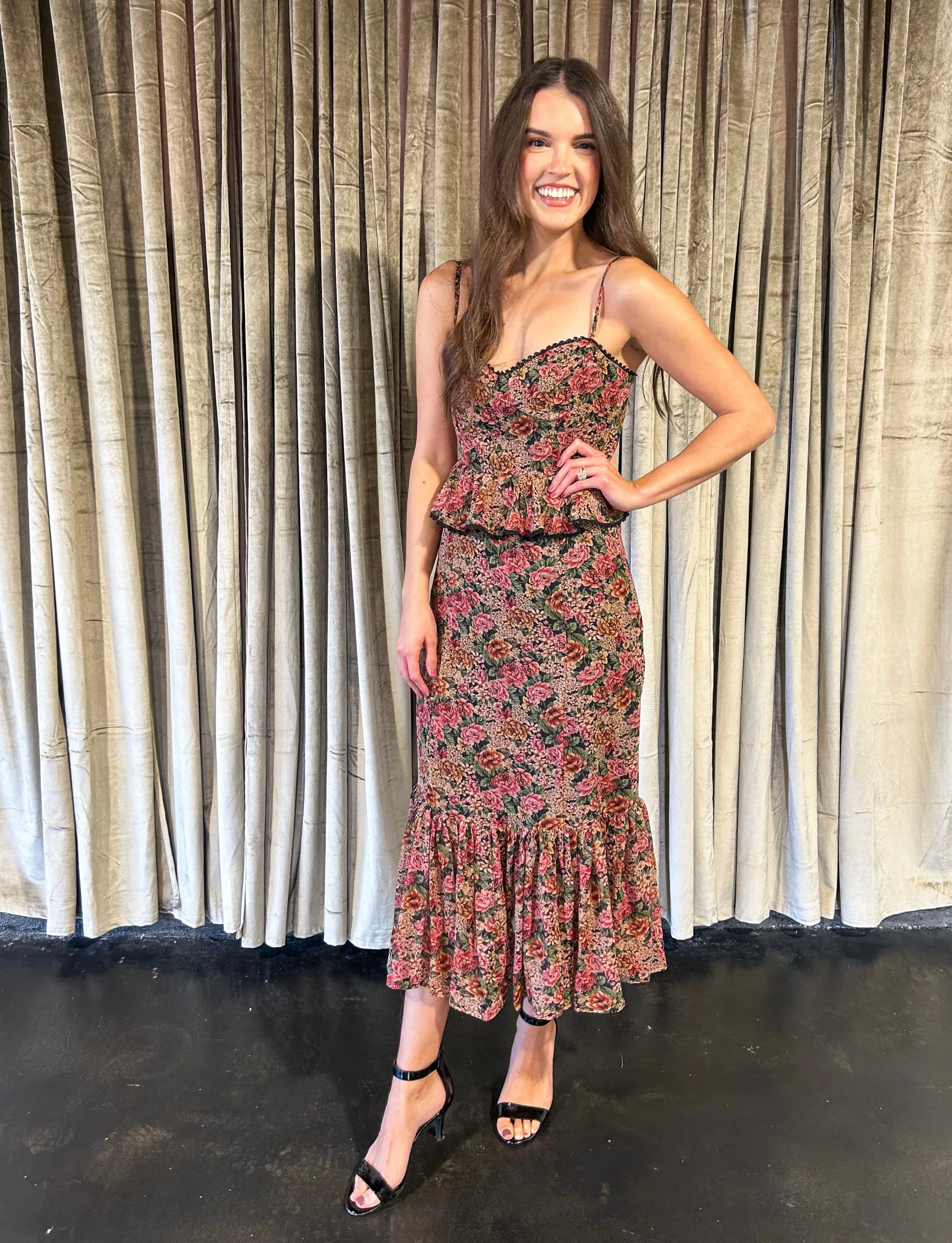 Vintage Rose Lurex Ruffled Floral Dress