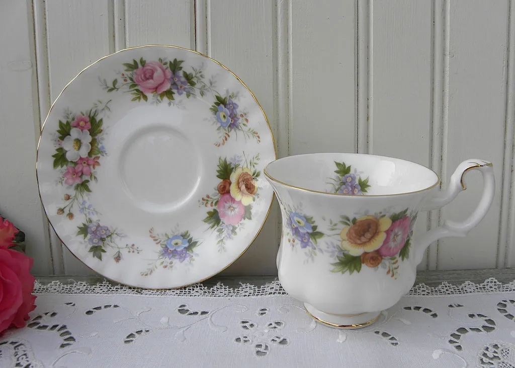 Vintage Royal Adderely Demitasse Teacup and Saucer Pink Roses and Wildflowers