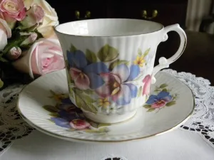 Vintage Royal Dover Pink and Purple Pansy Teacup and Saucer