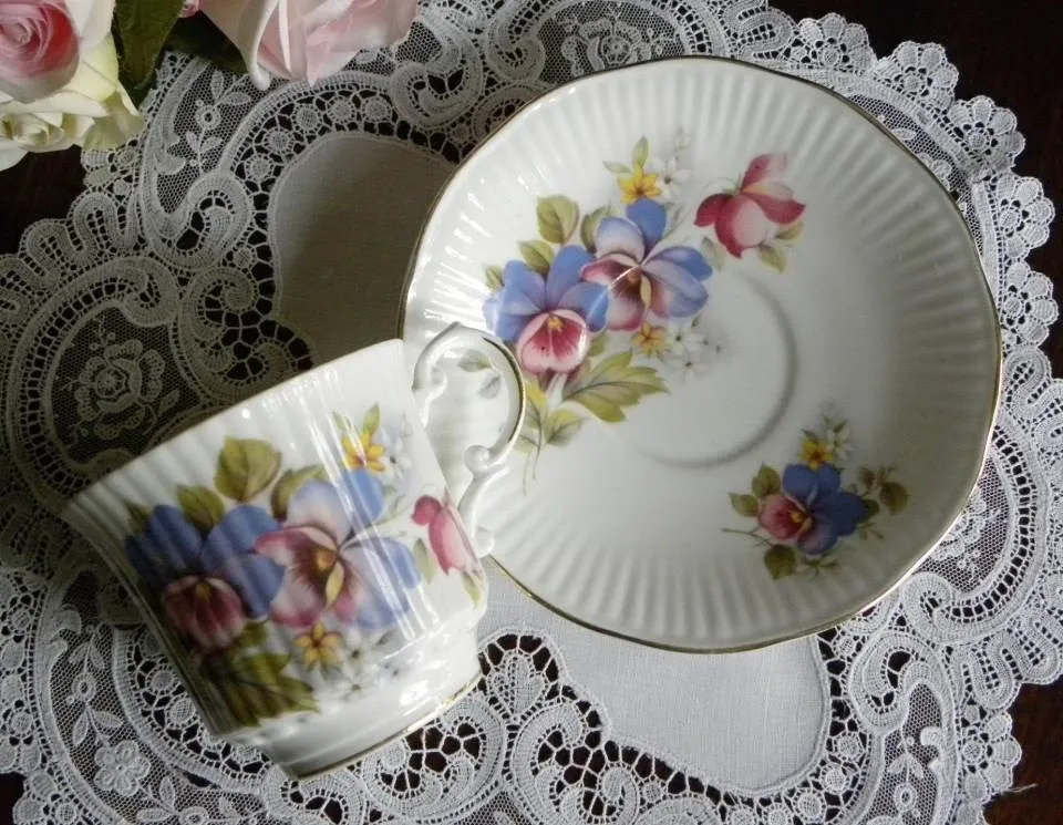 Vintage Royal Dover Pink and Purple Pansy Teacup and Saucer