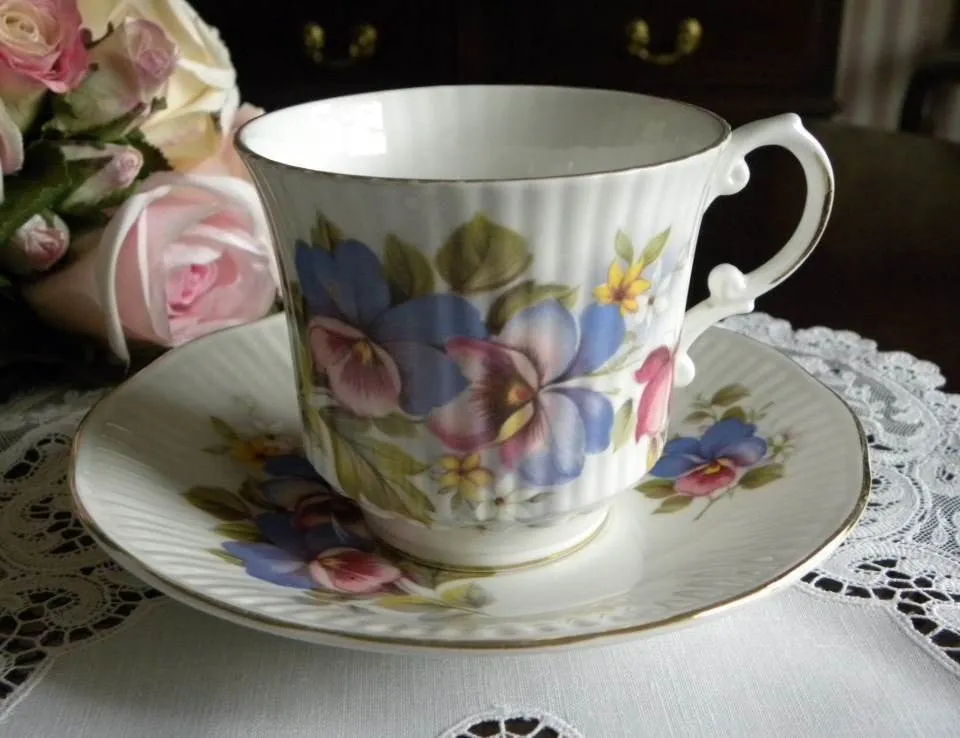 Vintage Royal Dover Pink and Purple Pansy Teacup and Saucer
