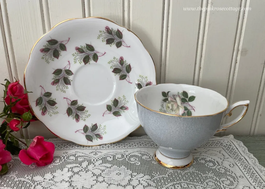 Vintage Royal Standard Soft Yellow Pink Rose Rosebuds Gray Teacup Saucer