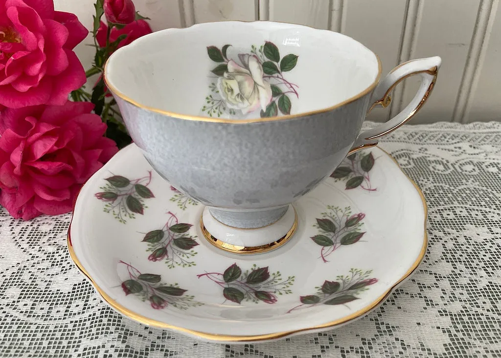 Vintage Royal Standard Soft Yellow Pink Rose Rosebuds Gray Teacup Saucer