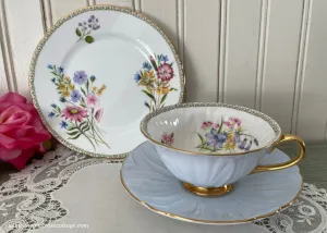 Vintage Shelley Trio Blue Wildflowers Tea Cup Saucer and Dessert Plate