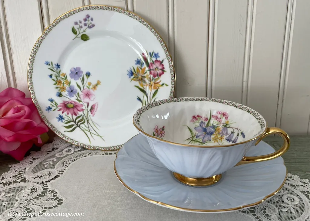 Vintage Shelley Trio Blue Wildflowers Tea Cup Saucer and Dessert Plate