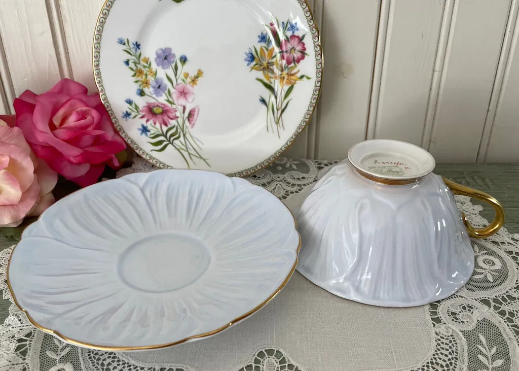 Vintage Shelley Trio Blue Wildflowers Tea Cup Saucer and Dessert Plate