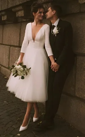 Vintage Short Casual Simple Long Sleeve A-line Tea-length Plunging Neckline Satin Wedding Dresses