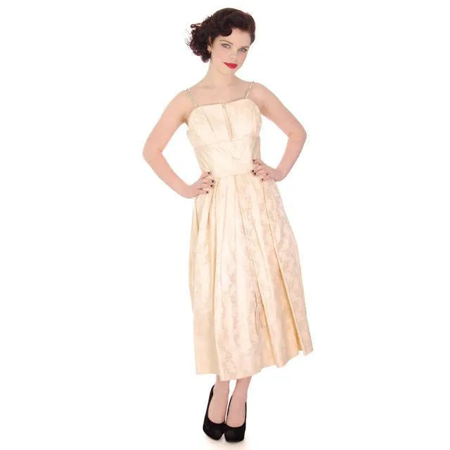 Vintage Silk CandlelightDamask Cocktail Dress 1950S Rhinestone Straps 36-26-Free