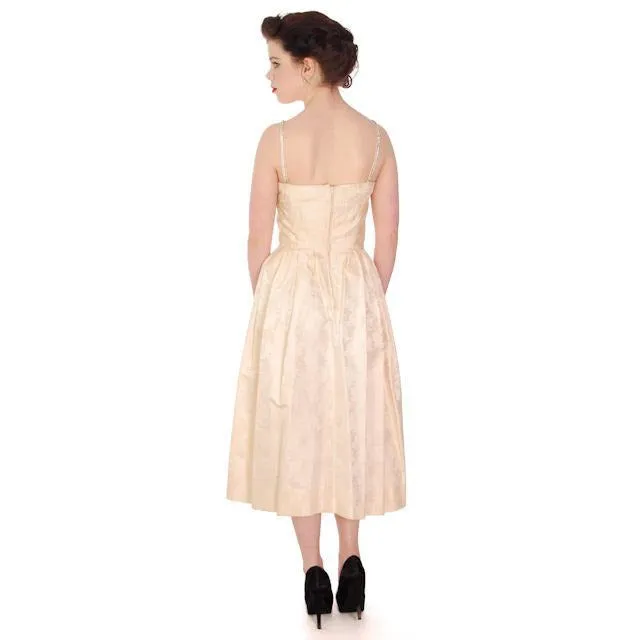 Vintage Silk CandlelightDamask Cocktail Dress 1950S Rhinestone Straps 36-26-Free