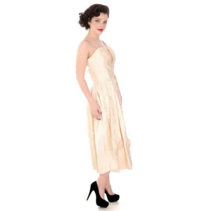 Vintage Silk CandlelightDamask Cocktail Dress 1950S Rhinestone Straps 36-26-Free