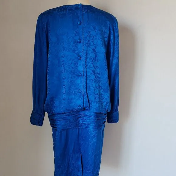 Vintage Silk Studio Cocktail Party Drop Waist Midi Dress Long Sleeve Blue